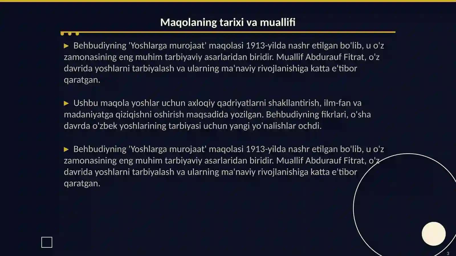 Behbudiyning"Yoshlarga murojaat" maqolasini zamonaviy yoshlar uchun tarbiyaviy ahamiyati izohlab bering 3