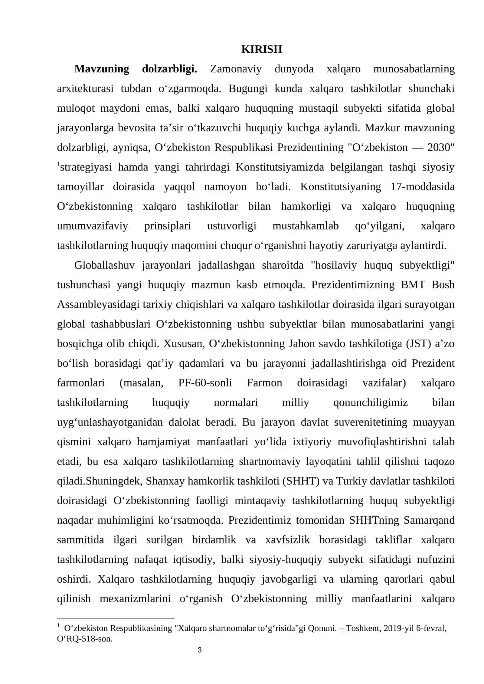 Xalqaro tashkilotlarning huquq subyektligi kurs ishi 3
