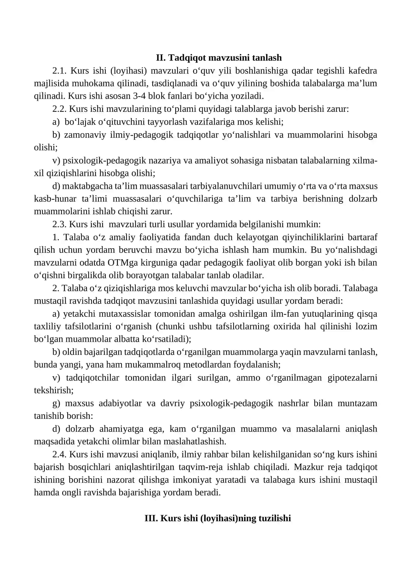 QOʻQON DAVLAT PEDAGOGIKA INSTITUTI KREDIT-MODUL TIZIMIDAGI TALABALARNING FANLARDAN KURS ISHI (LOYIHASI)NI TAYYORLASH BOʻYICHA YOʻRIQNOMA 3