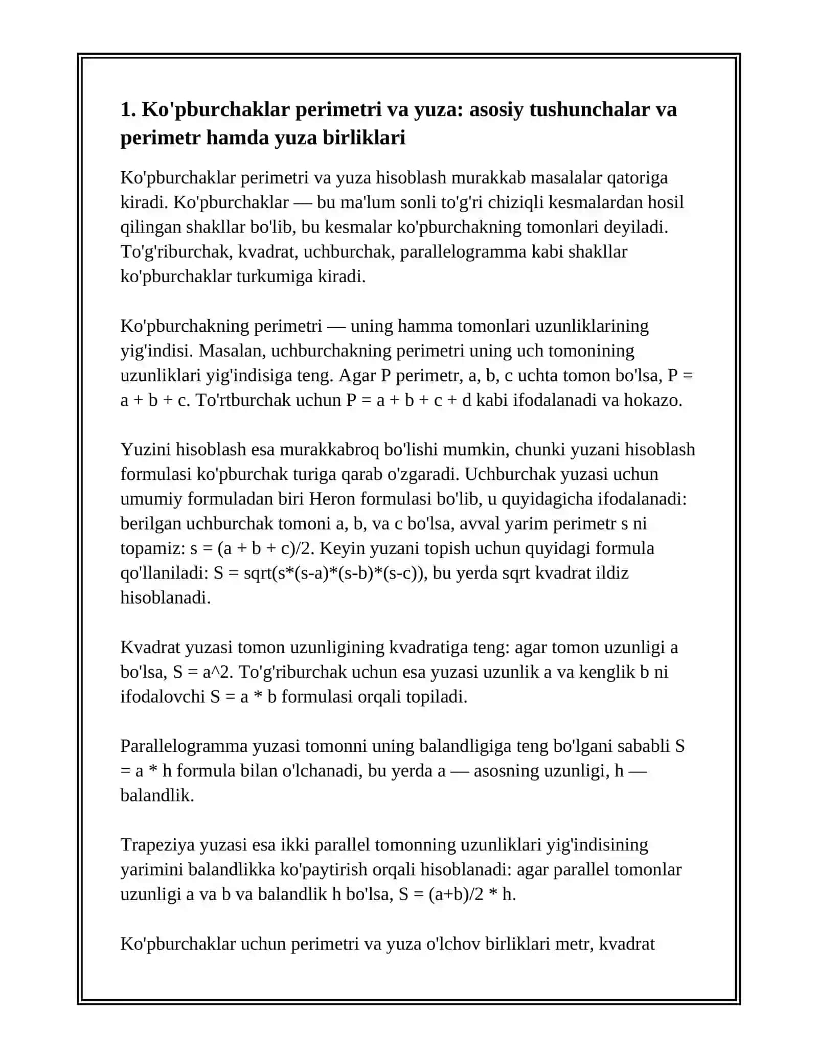 KO'PBURCHAKLAR PERIMETRI HAMDA YUZASINI HISOBLASH, PERIMETR VA YUZA O'LCHOV BIRLIKLARI VA ULAR ORASIDAGI BOG'LANISHGA DOIR MASALALAR 3 YECHISH 3