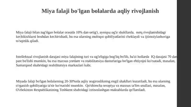 Miya falaji bo'lgan bolalarda aqliy rivojlanish 3
