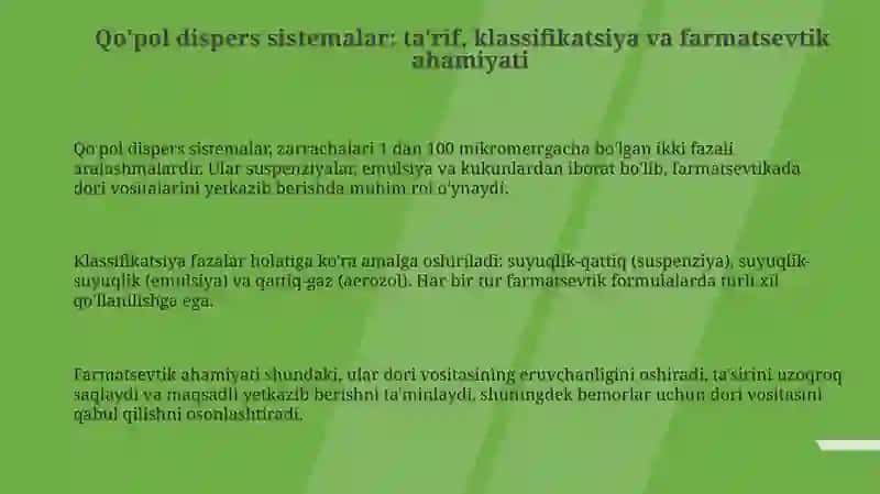 Dagʻal disper sistemalarning xossalari farmakalogiyada ishlatilishini amaliyotda oʻrganish 3