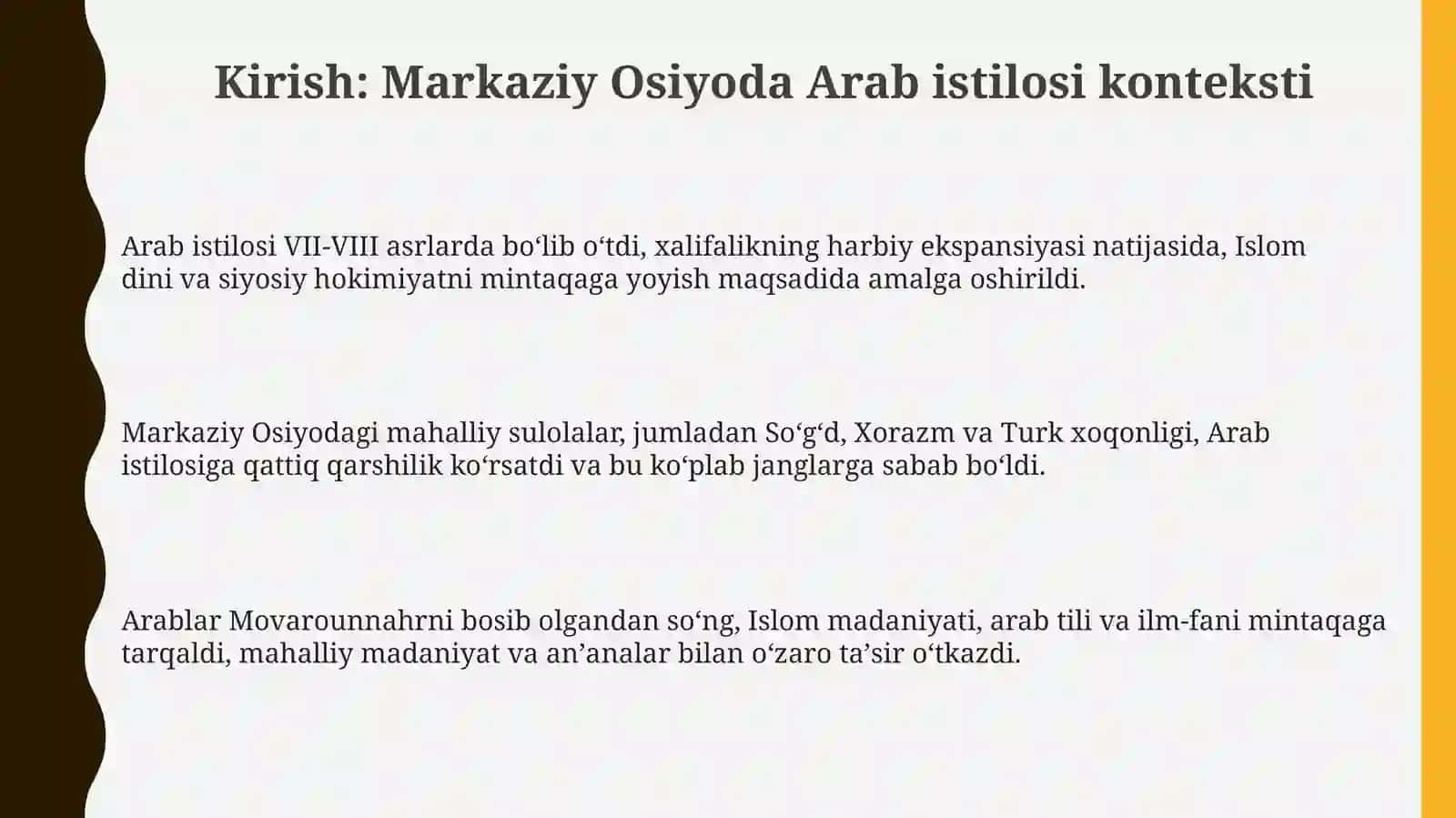 Oʻrta Osiyoda arablarning mustamlakachilik siyosati va unga qarshi ozodlik kurashlari 3