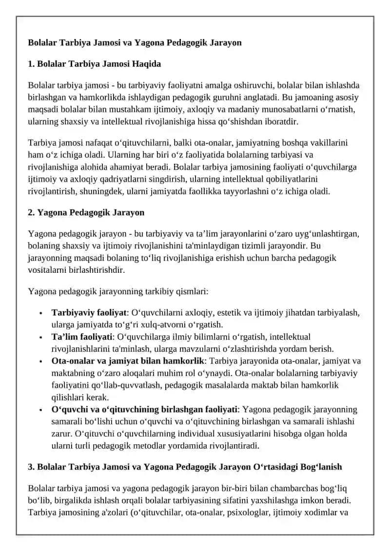 Bolalar Tarbiya Jamosi va Yagona Pedagogik Jarayon 3