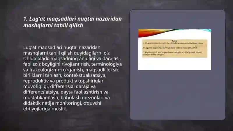 Lugʻat ustida ishlash nuqtai nazaridan mashq materiallarini tahlil qilish 3