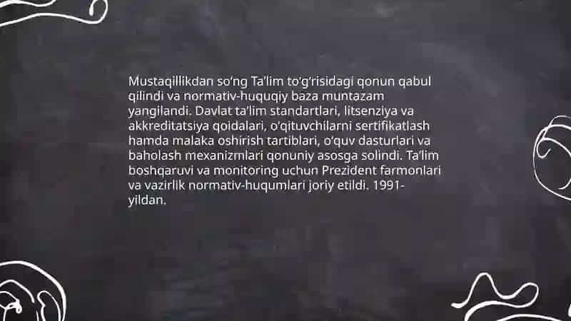 Mustaqillik yillarida òzbekiston respublikasida talim sohasida amalga oshirilgan yangiliklar 3