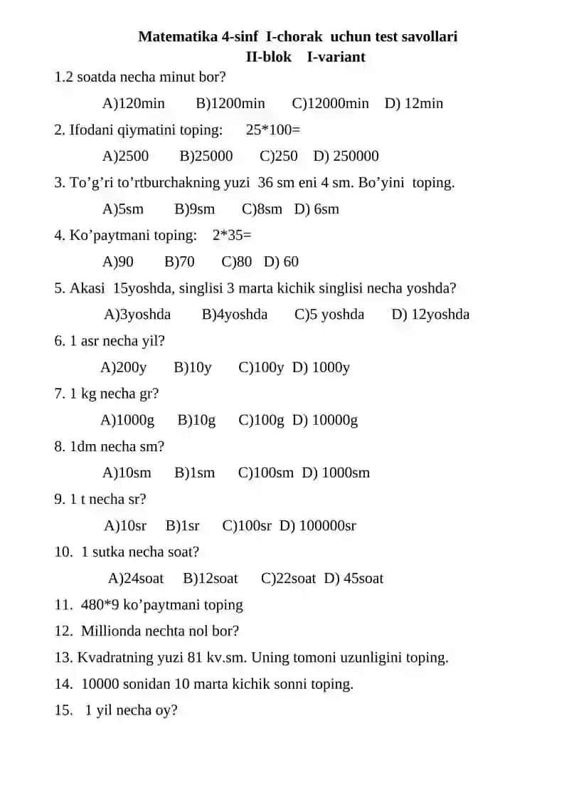 Ona tili 4-sinf I-chorak uchun test savollari 3