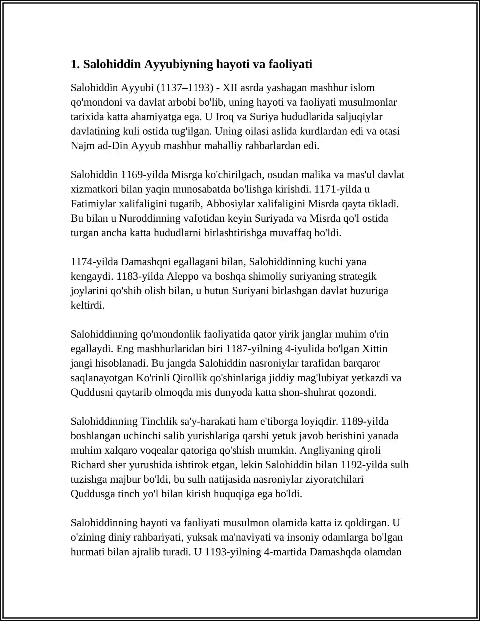 MUSTAQIL ISH Mavzu: SALOHIDDIN AYYUBIY VA QUDDUS UCHUN JANGLAR 3