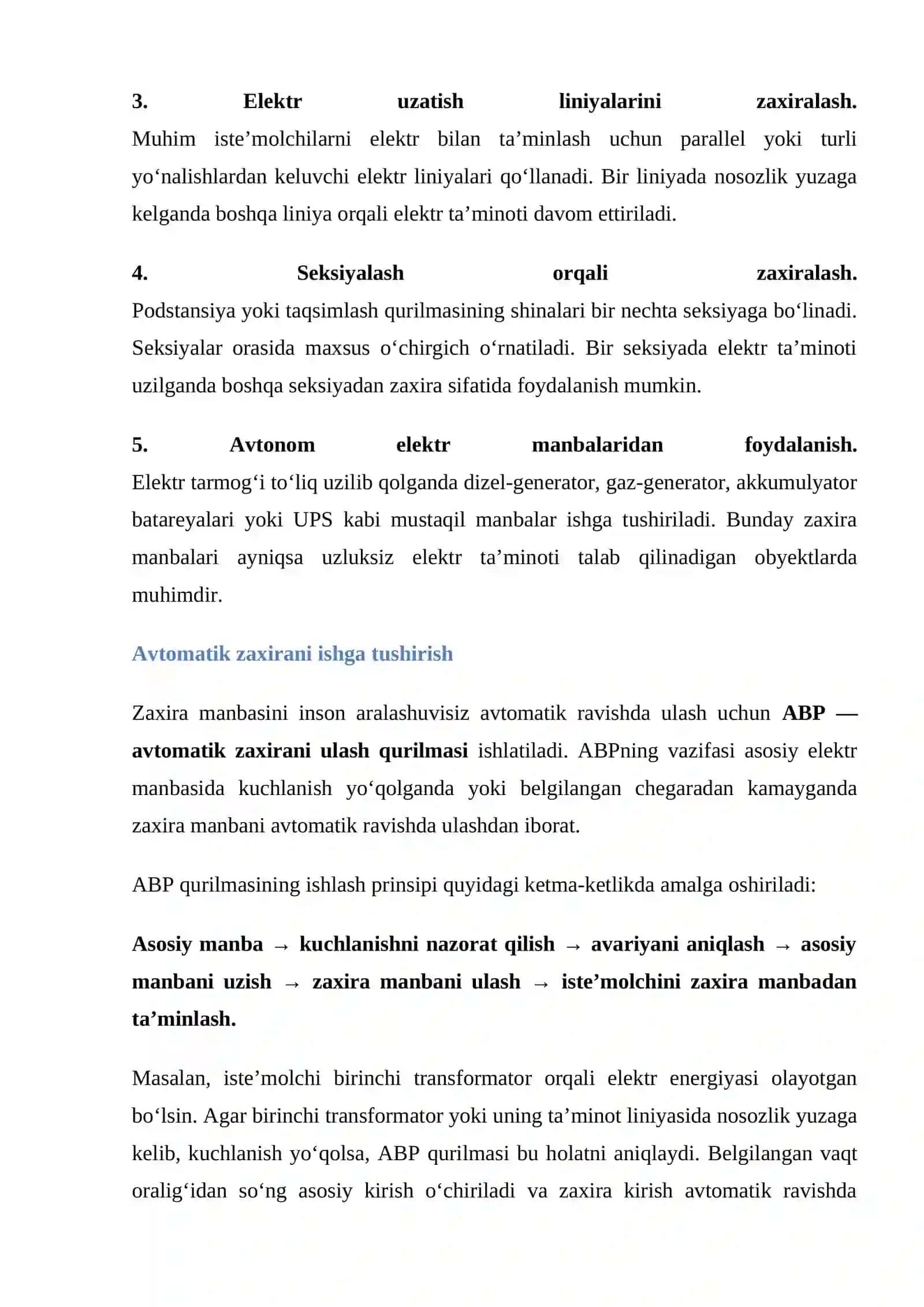 mustaqil ish Elektr ta’minotida zaxiralash usullari va avtomatik ishga tushirishni tashkil etish 3