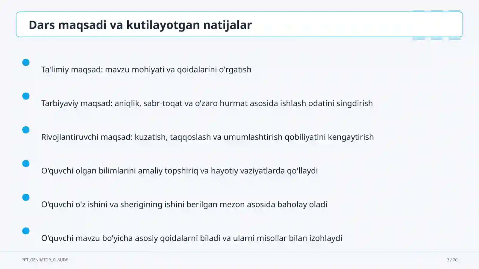 Sinf soati va tarbiyaviy tadbirlar (1–11) — ochiq dars uchun 3