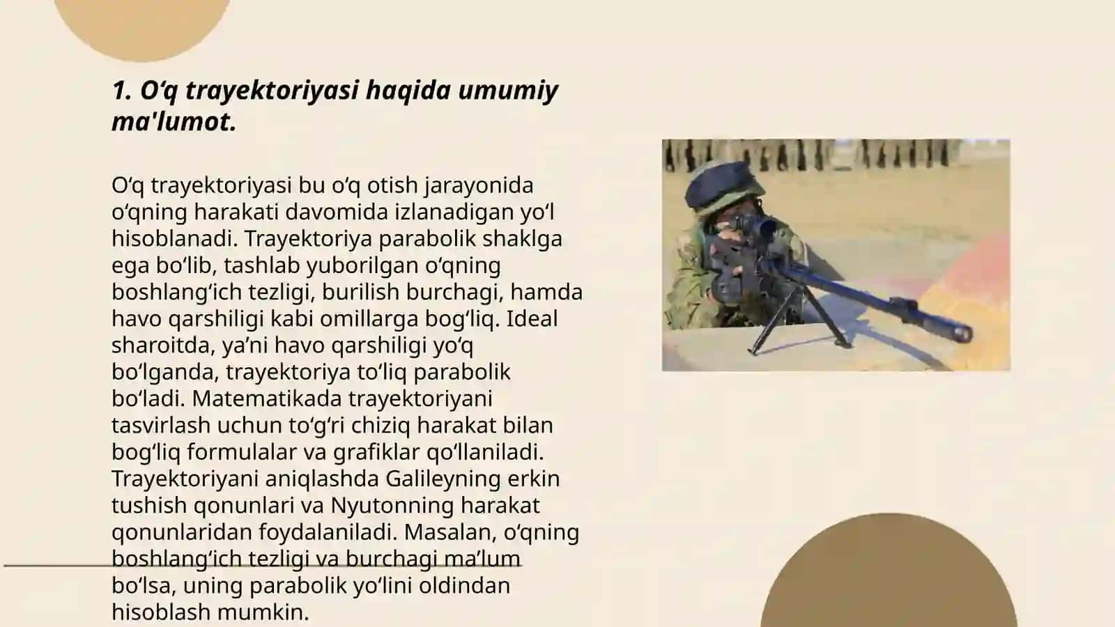 O‘q trayektoriyasining hosil bo‘lishi. To‘g‘ri otish. To‘silgan, o‘q tegmaydigan va tegadigan bo‘shliqlar hamda ularning amaliy ahamiyati 3