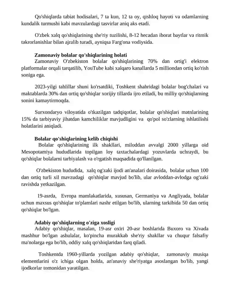 Bolalar qo'shiqlari. Xalq qo'shiqlari va Adabiy qo'shiqlar 3