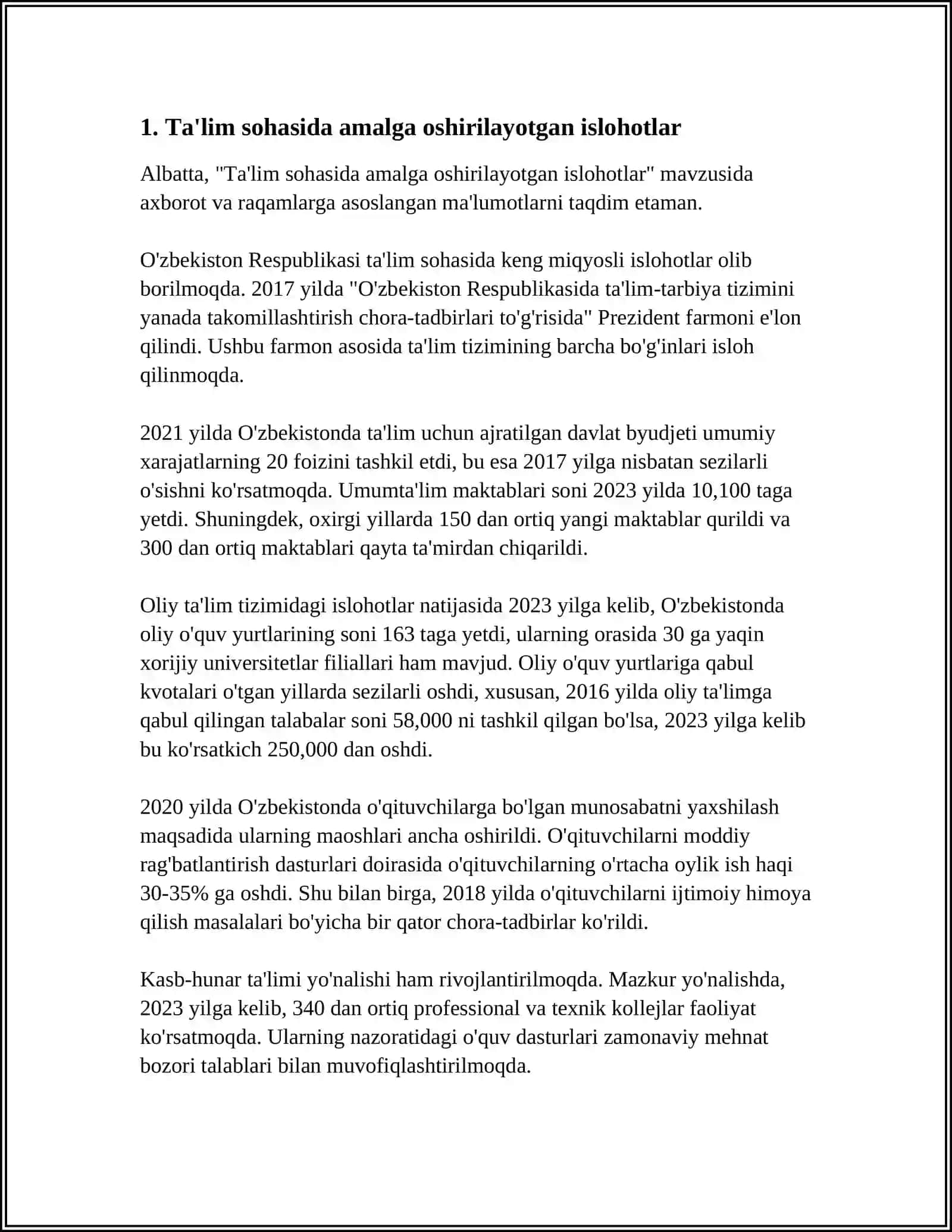 O'ZBEKISTONDA IJTIMOIY SOHADA AMALGA OSHIRILAYOTGAN O'ZGARISHLAR MAZMUN VA MOHIYATI 3
