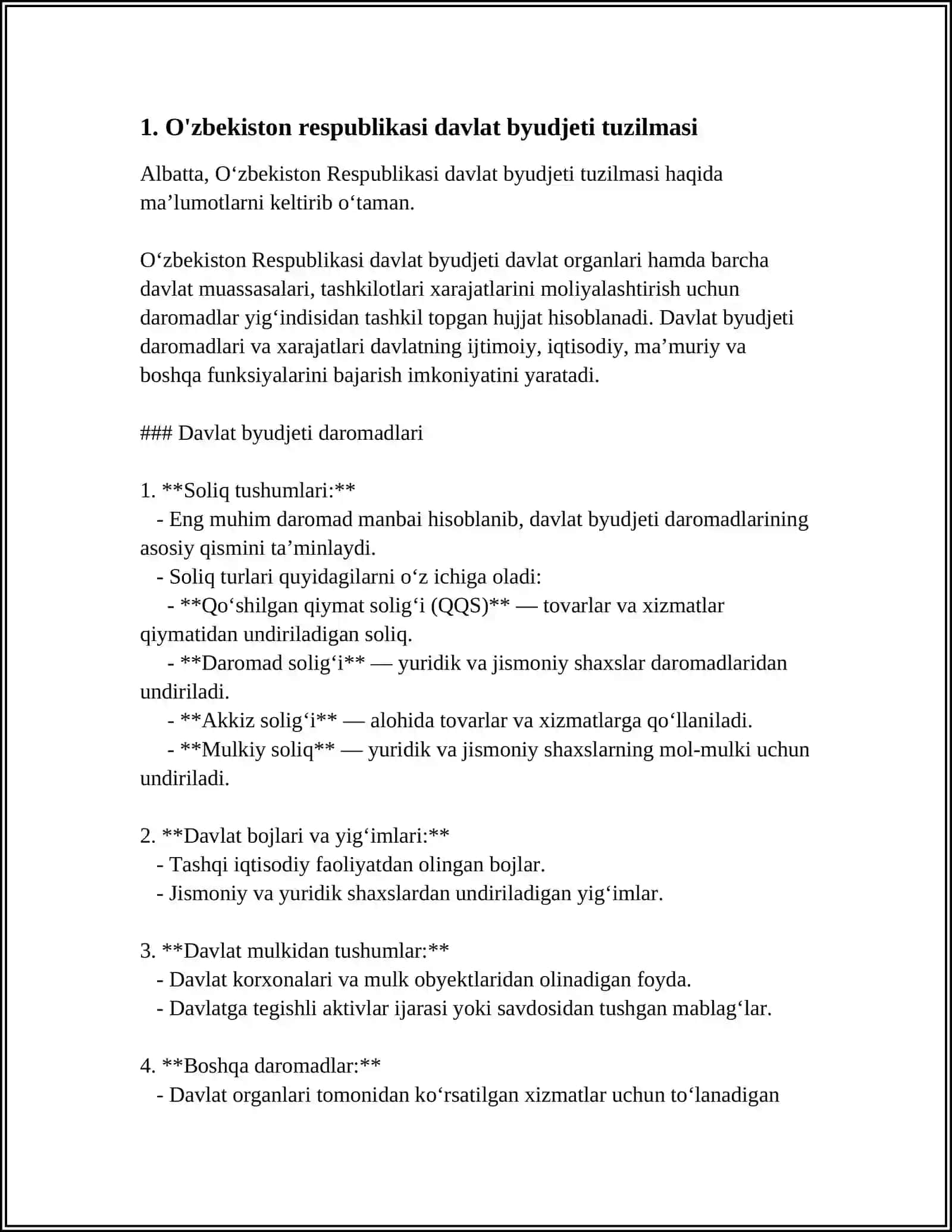O'ZBEKISTON RESPUBLIKASI DAVLAT BYUDJETI DAROMADLARI TARKIBIDA SOLIQLARNING TUTGAN AHAMIYATI VA AHAMIYATI 3