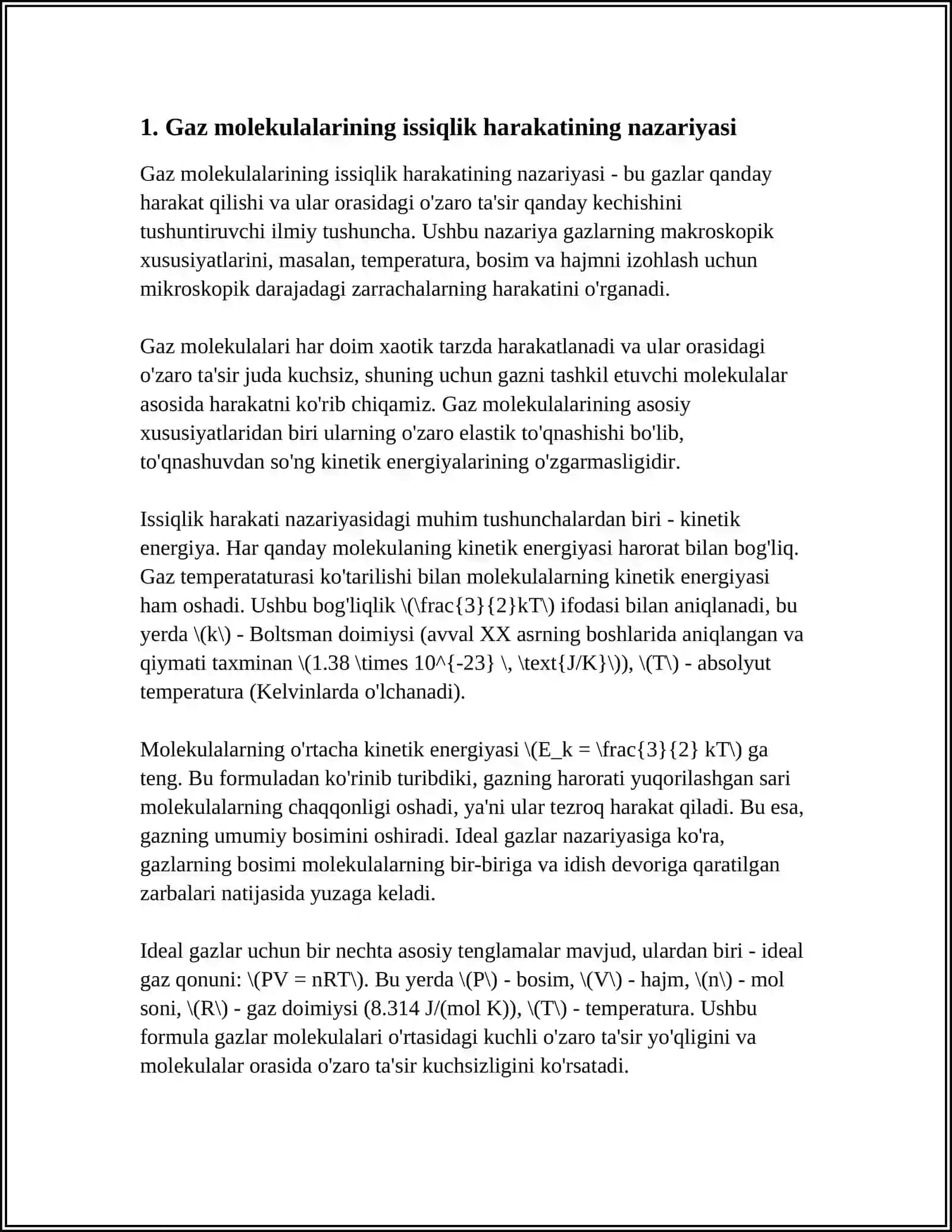 GAZ MOLEKULALARINING ISSIQLIK HARAKATI TEZLIGI VA ENERGIYASI BO'YICHA 3
