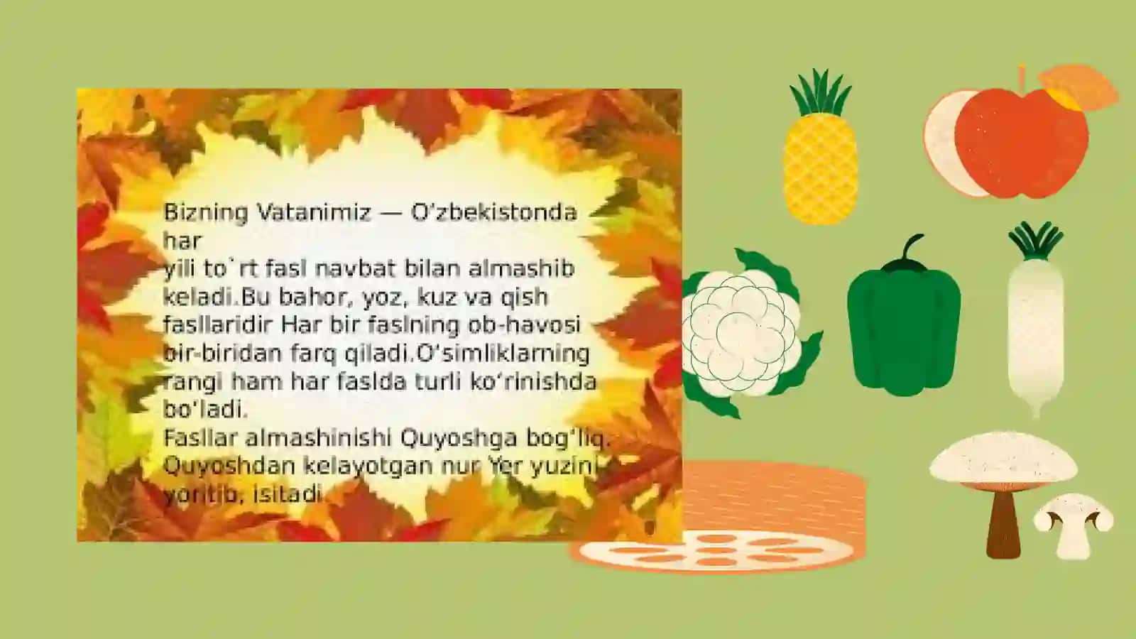 MTT kichik guruhi tarbiyalanuvchilari uchun oktyabr oyining ikkinchi haftasi "sabzavot va mevalar" mavzusi bilan bogʻliq qoʻshiqlarni toʻplash 3