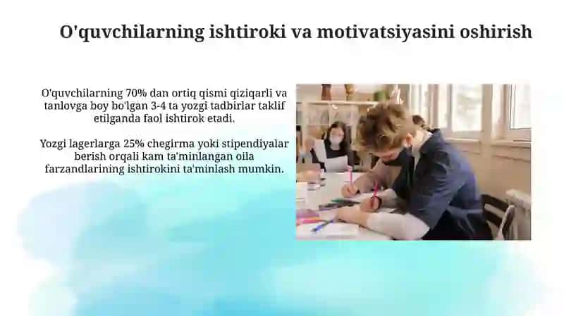 Yozgi taʼtil vaqtida maktabda toʻgaraklar tashkil etish va ota-onalar hamkorligini yoʻlga qoʻyish 3