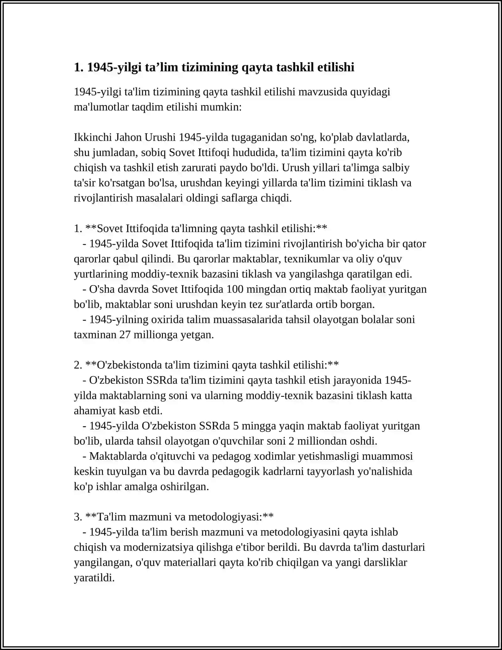 MUSTAQIL ISH: MUSTAQILLIKGACHA 1945-1990 BOLGAN YILLARDA OZBEKISTONDA MAKTAB VA PEDAGOKIKA FANINING TARAQIYOTI 3