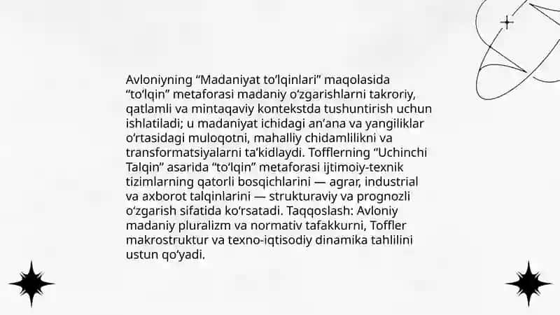 Avloniyning madaniyat toʻlqinlari maqolasi va tofflerning uchinchi talqin asarini qiyosiy tahlil qilish 3
