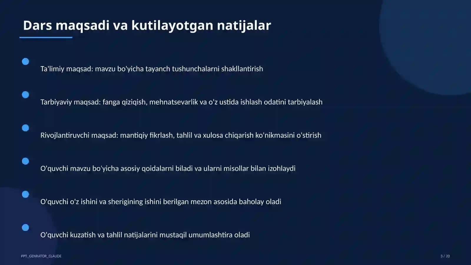 Sinf soati va tarbiyaviy tadbirlar (1– 11) — mustaqil o'rganish uchun 3