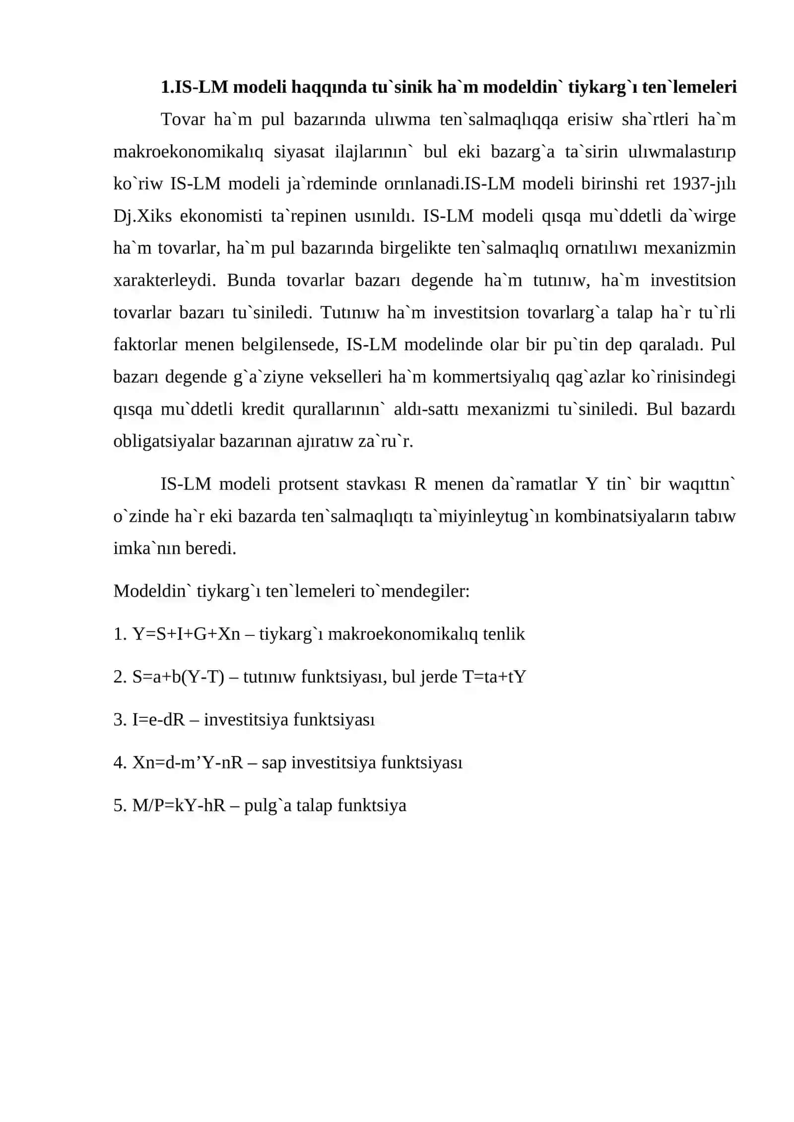 IS-LM modeli haqqında tu`sinik ha`m modeldin` tiykarg`ı ten`lemeleri 3