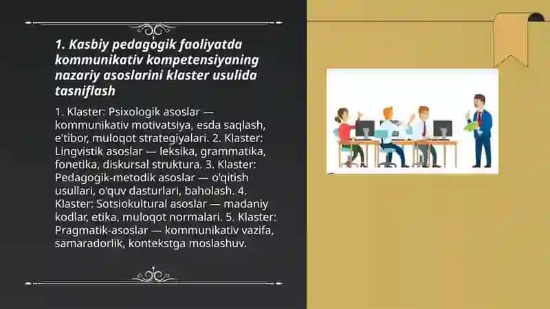 Kasbiy pedagogik faoliyatda kommunikativ kompetensiyssining oʻrni mavzusini klaster usulida tasniflash 3