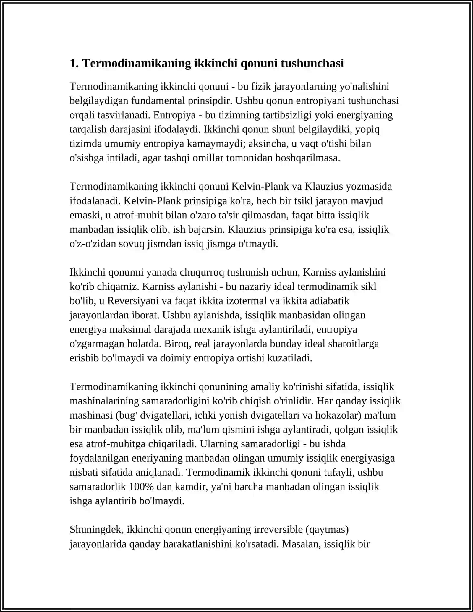 MUSTAQIL ISH Mavzu: TERMODINAMIKANING IKKINCHI QONUNI. ENTALPIYA 3