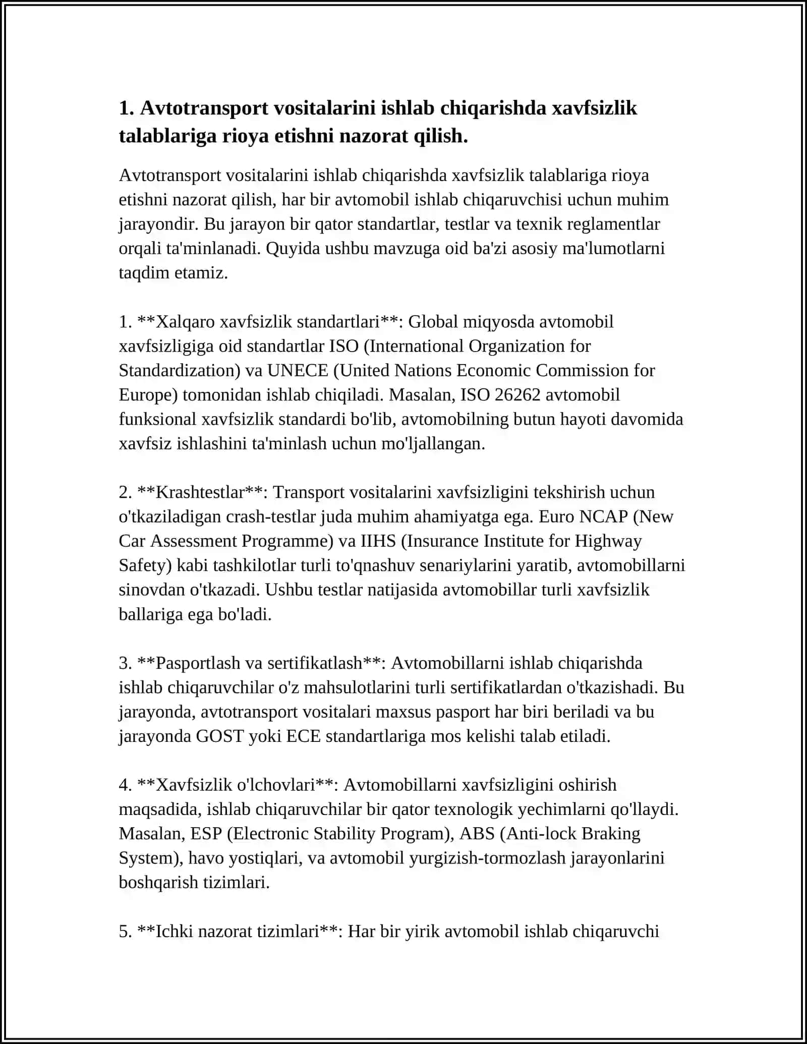 AVTOTRANSPORT VOSITALARINI ISHLAB CHIQARISH SOTISH CHETGA OLIB KIRISH VA EKSPULATATSIYA QILISHDA ULARNING KONSTRUKTIV XAVSIZLIGIGA QUYILADIGAN TALABLARGA RIOYA ETILISHI NAZORAT QILISH SUBEKTLARI, TARTIBI VA USLUBLARI O'RNATILGAN TALABLAR BUZILISHI UCHUN JAVOBGARLIKKA TORTISHNING HUQUQIY FAOLIYATI 3