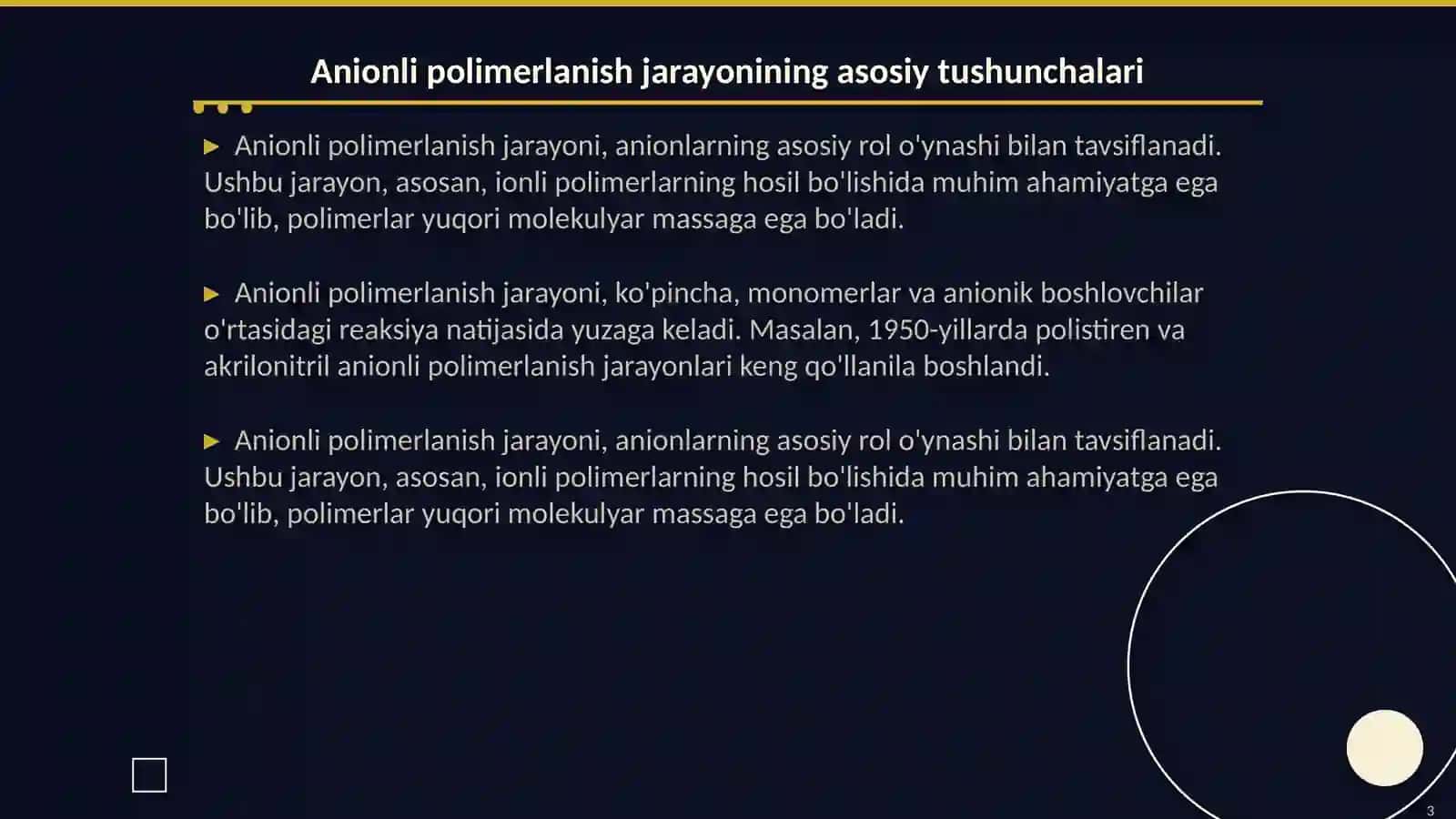 Anionli polimerlanish reaksiyalari va ularning oʻziga xos xususiyatlari 3