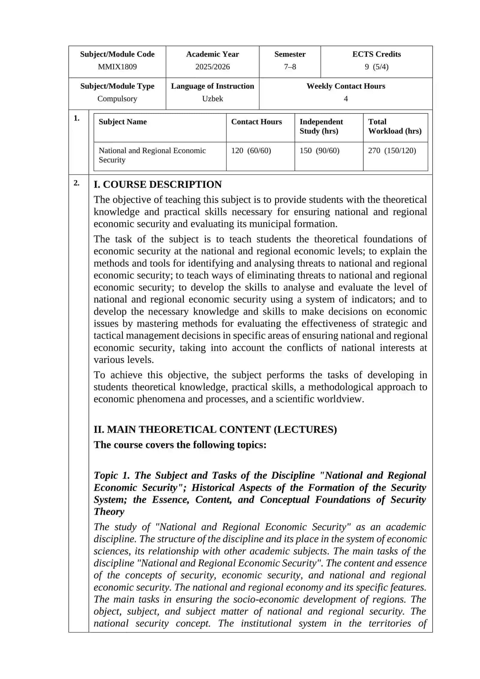 National and Regional Economic Security 3