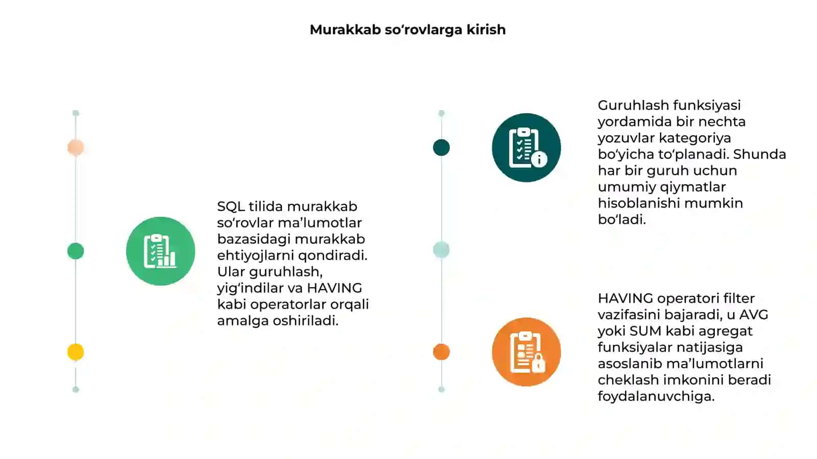 SQL tilida murakkab so‘rovlar: guruhlash, yig‘indilar, HAVING 3