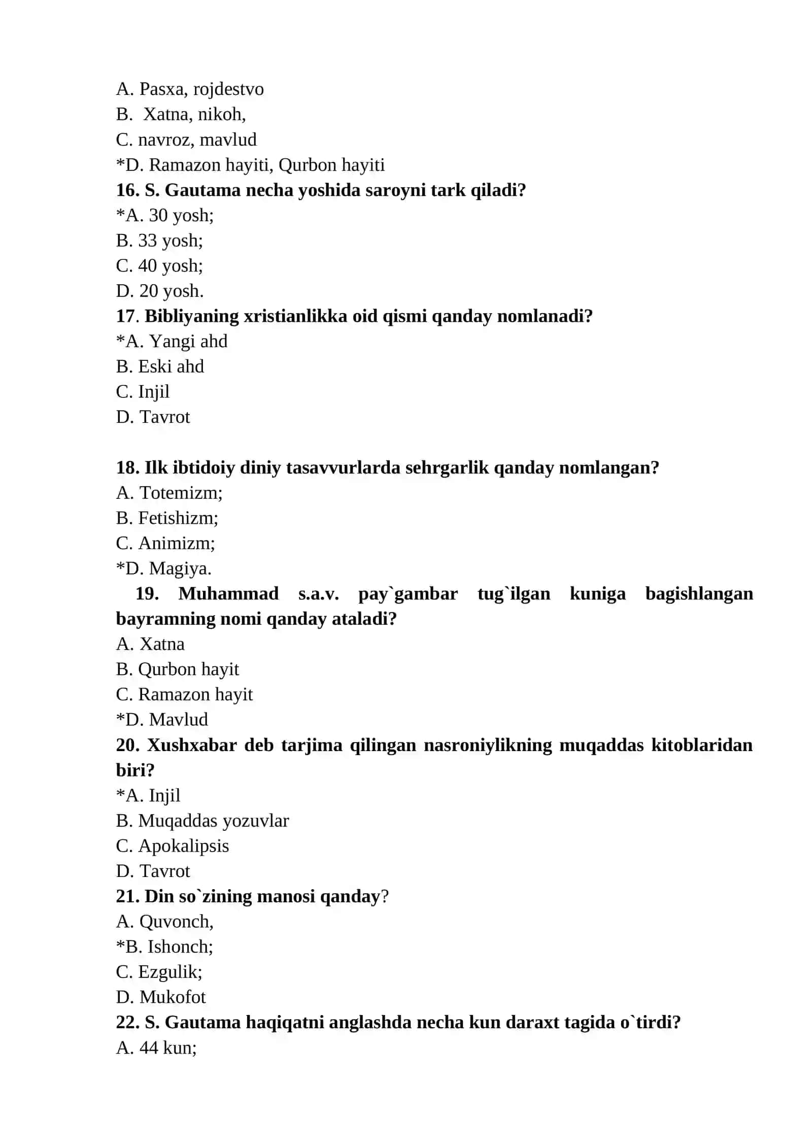Dinshunoslik fanidan testlar 3