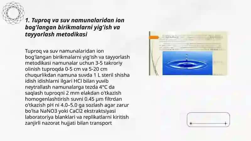 Tuproq va suvning ifloslanishida ion bog'lanishli birikmalarni aniqlab,ulardan tozalash usulini ishlab chiqish 3