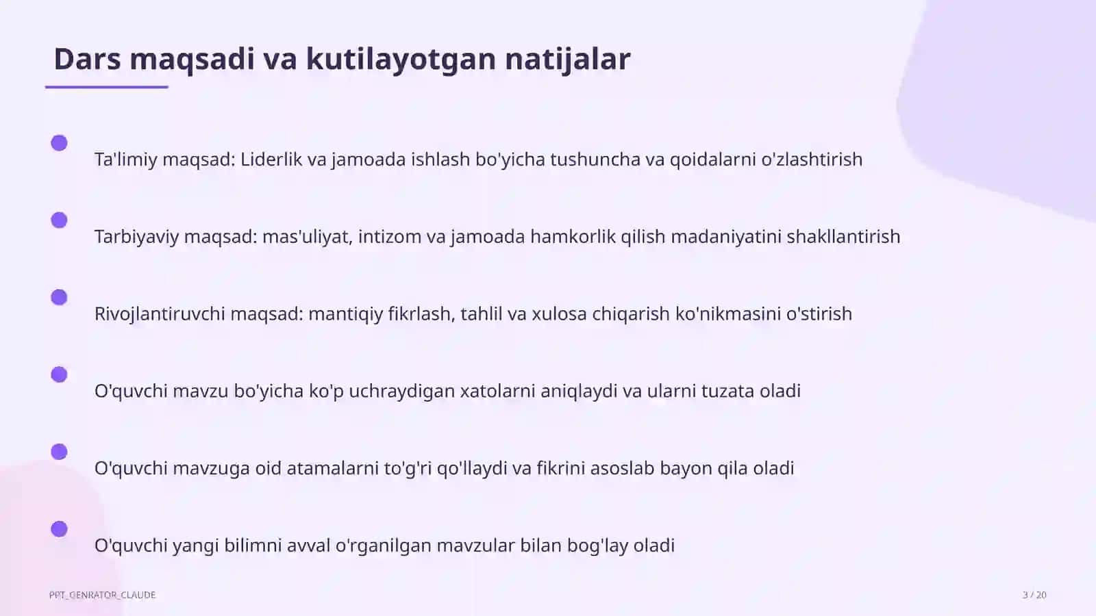 Tarbiya fani (1–11) — mustaqil o'rganish uchun 3