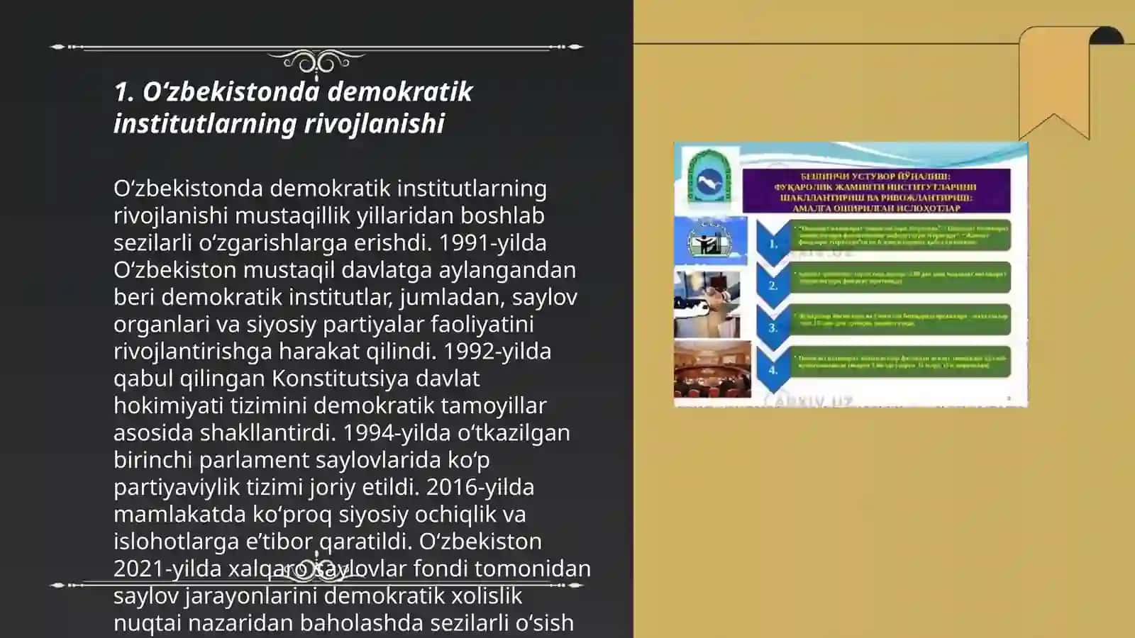 Oʻzbekistonda demokratik, fuqarolik jamiyati asoslarining shakllanishi, amalga oshirilgan siyosiy islohotlar 3