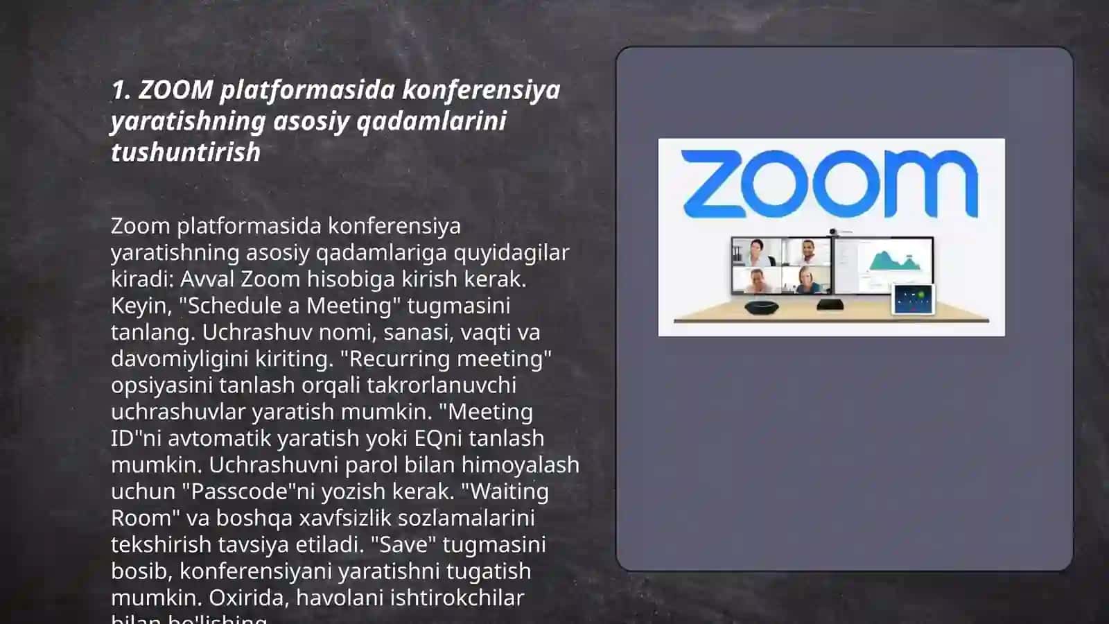 ZOOM platformasida konferensiya yaratish va unga foydalanuvchilarni ulash va boshqarish 3