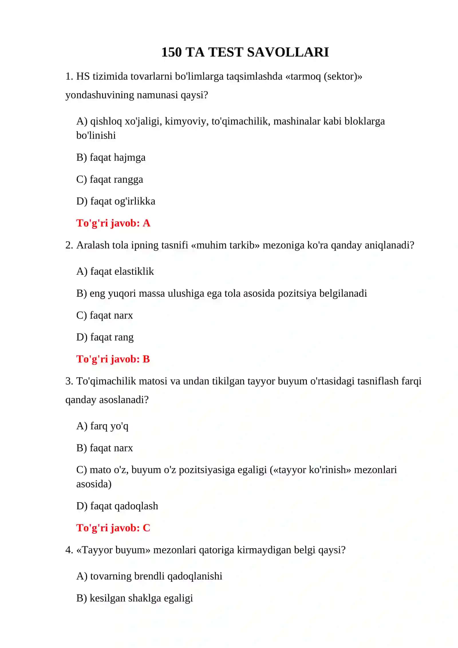 BOJXONA TOVAR NOMENKLATURASI TESTLARI 3