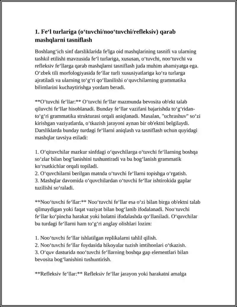 BOSHLANGʻICH SINF DARSLIKLARIDA FE'LGA OID MASHQLAR TASNIFI VA ULARNING TASHKIL ETISH 3