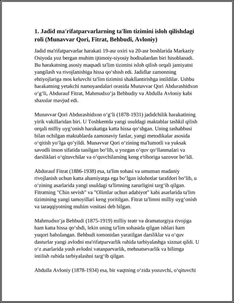 JADID MA'RIFATPARVARLARNING O‘LKAIJTIMOIY-MA‘NAVIY HAYOTDA TUTGAN O‘RNI MUNAVVAR QORI,FITRAT,BEHBUDIY AVLONIY VA BOSHQALAR 3