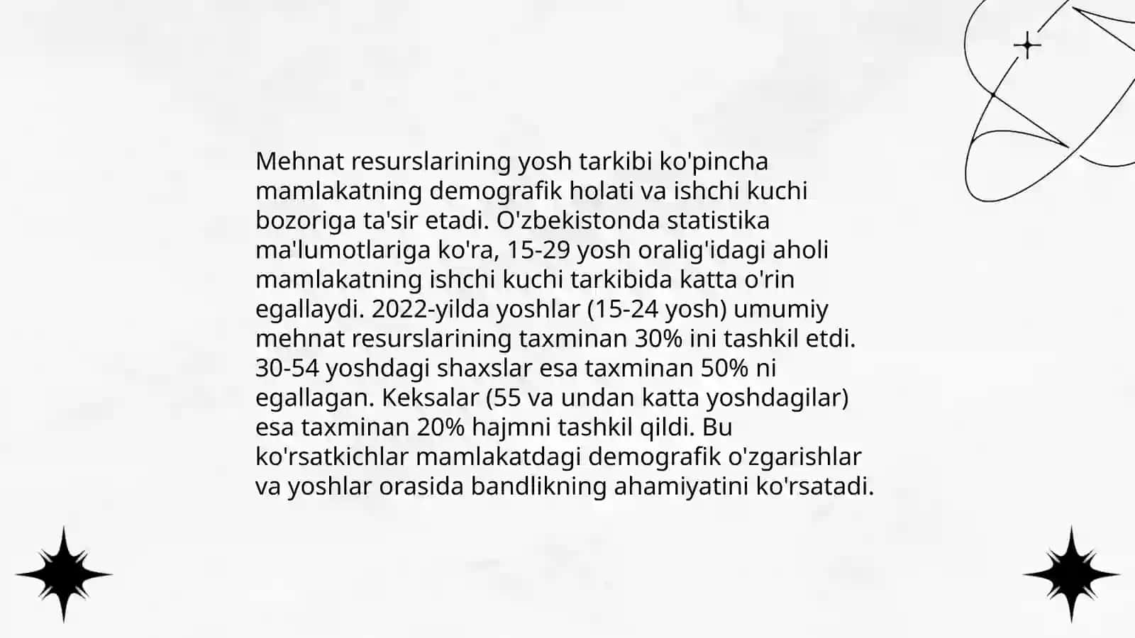 Mehnat resurslarining yoshi, jinsi va boshqa belgilari boʻyicha tarkibi: Oʻzbekiston mehnat bozorini hududlar kesimida oʻrganish Turgʻunova Durdona 3