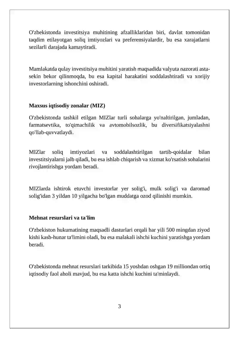 Xorijiy investorlar va investitsiyalar uchun qulay rejimi 3