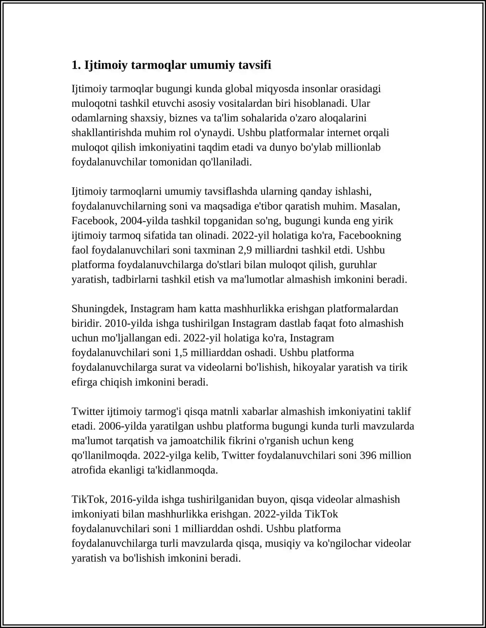 O‘ZBEKISTON RESPUBLIKASI OLIY TA’LIM FAN VA INNOVATSIYA VAZIRLIGI IJTIMOIY TARMOQ TUSHUNCHASI VA UNING AHAMIYATI MUSTAQIL ISH 3