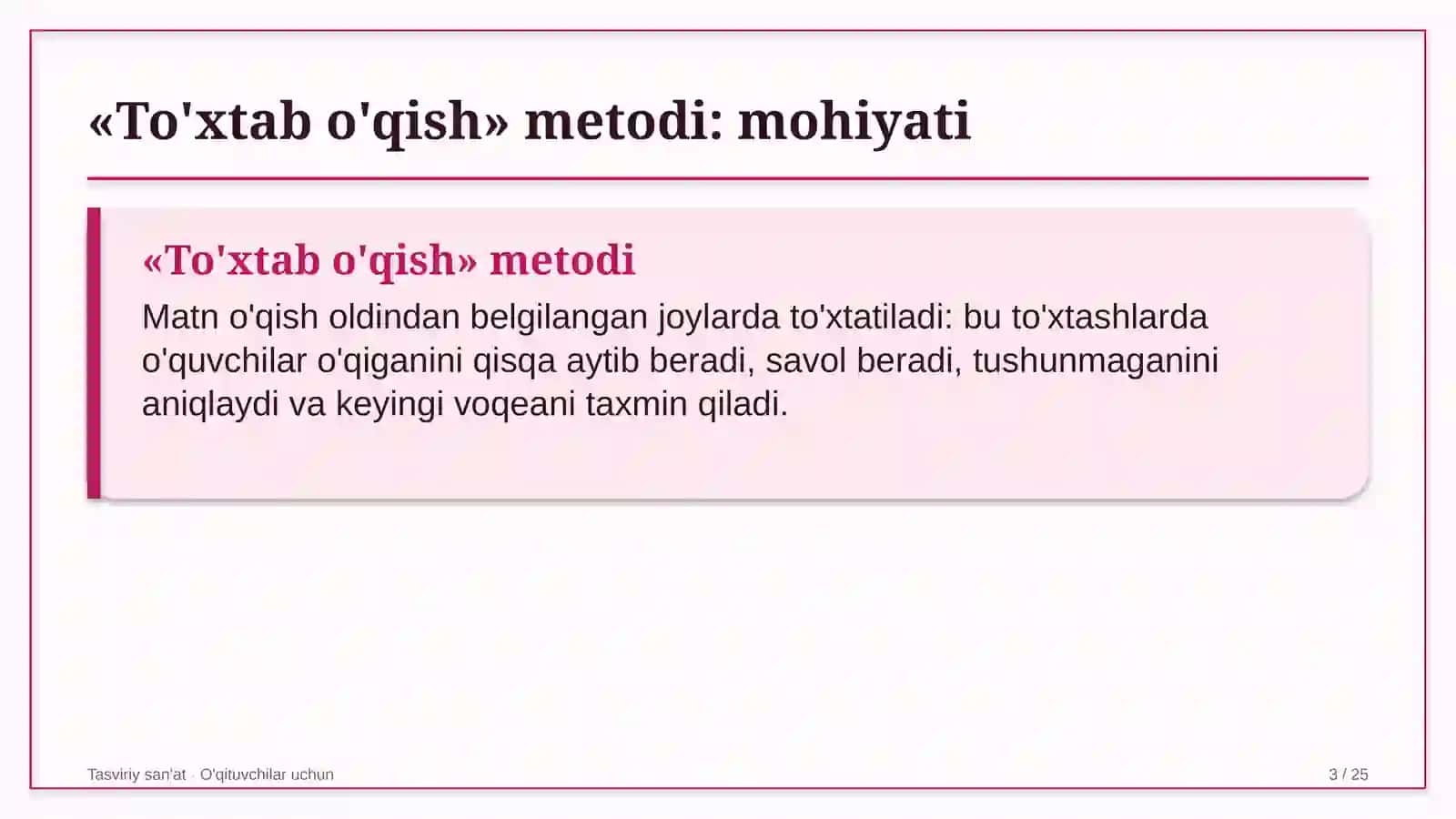 tasviriy san'at darslarida to'xtab o'qish metodidan foydalanish 9841 3