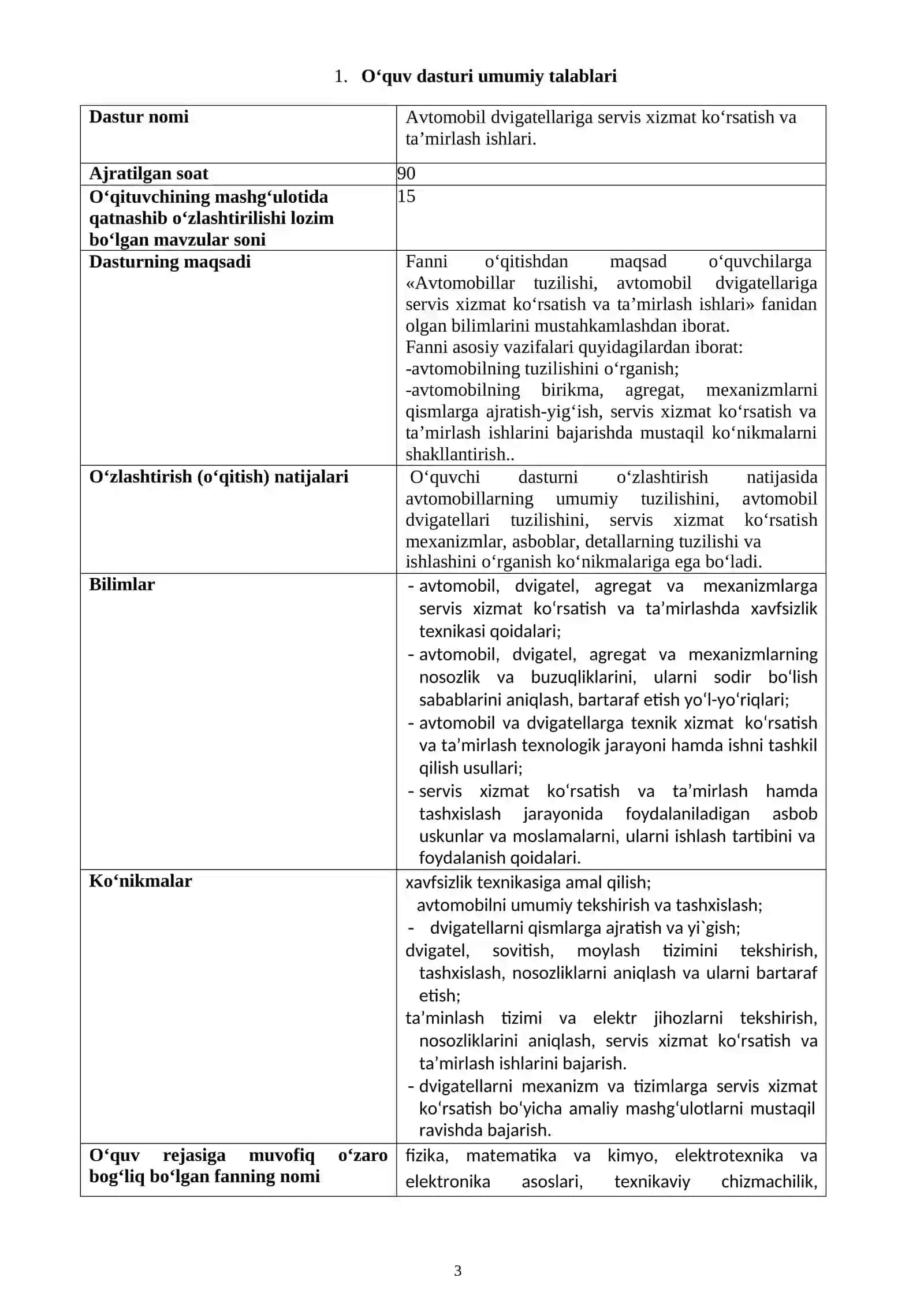 AVTOMOBIL DVIGATELLARIGA SERVIS XIZMAT KO’RSATISH VA TA’MIRLASH O‘QUV AMALIYOTI 3