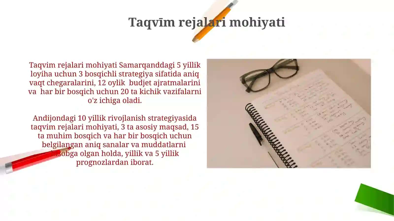 Taqvimiy rejalarining turlari, mohiyati va ularni tuzish tartib qoidalari 3
