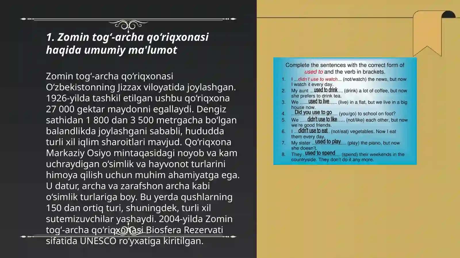Zomin tog‘-archa qo‘riqxonasida muhofazaga olingan turlarni roʻyxatini shakllantirish va Ko‘rgazmali vositalar tayyorlash 3