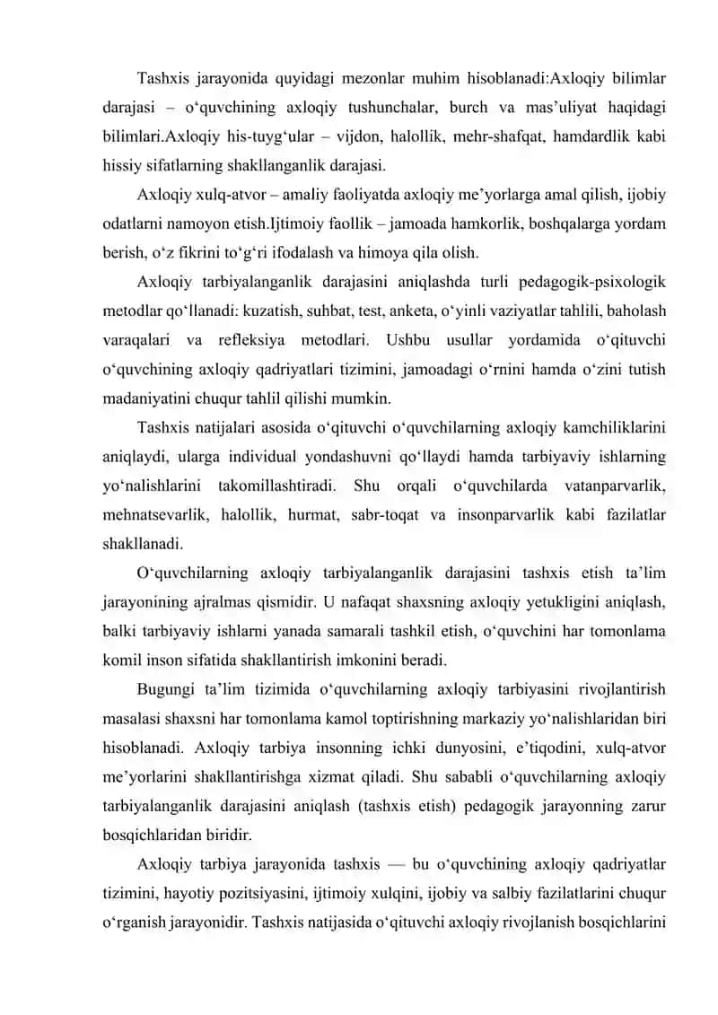 O'QUVCHILARNING AXLOQIY TARBIYALANGANLIK DARAJASINI TASHXIS ETISH 3