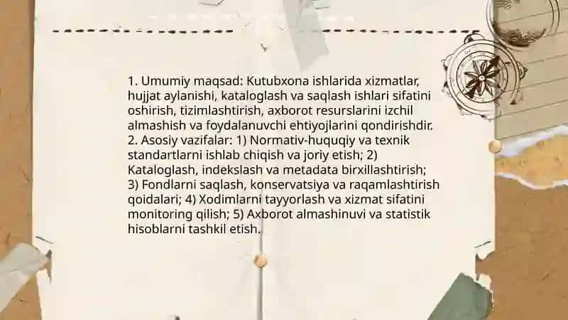 Kutubxona ishida standartlashtirishning asosiy maqsadi va vazifalari 3