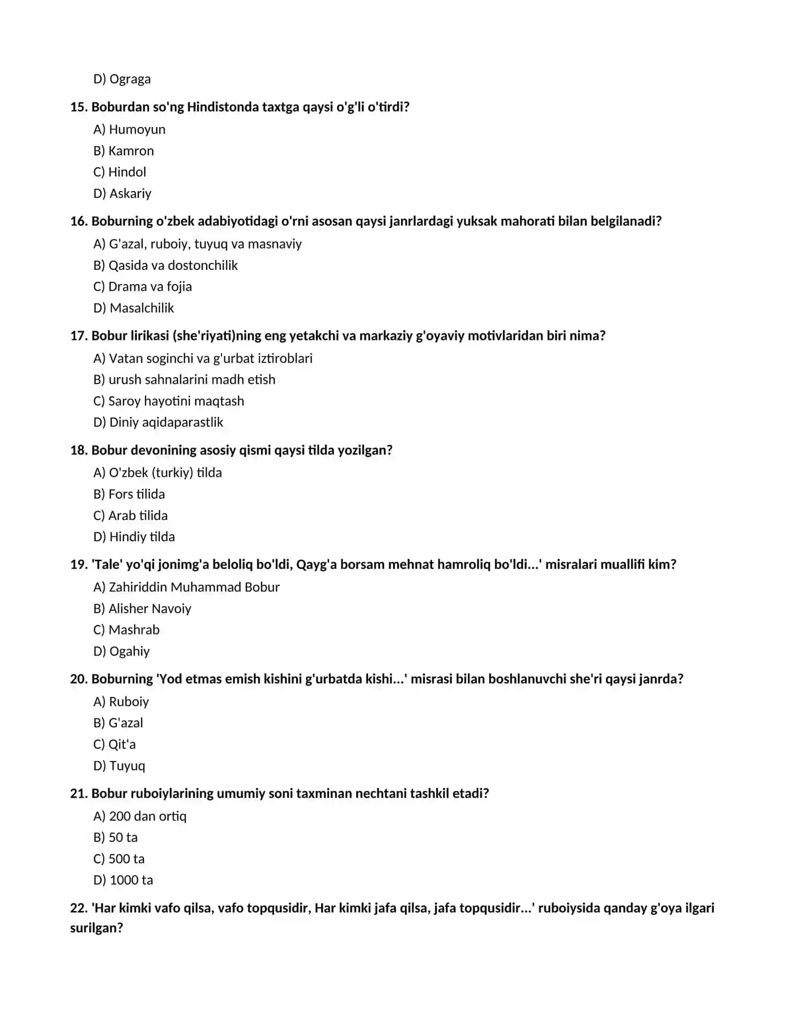 ZAHIRIDDIN MUHAMMAD BOBUR HAYOTI VA IJODI (Maktab darsligi asosida 100 talik test va javoblar) 3