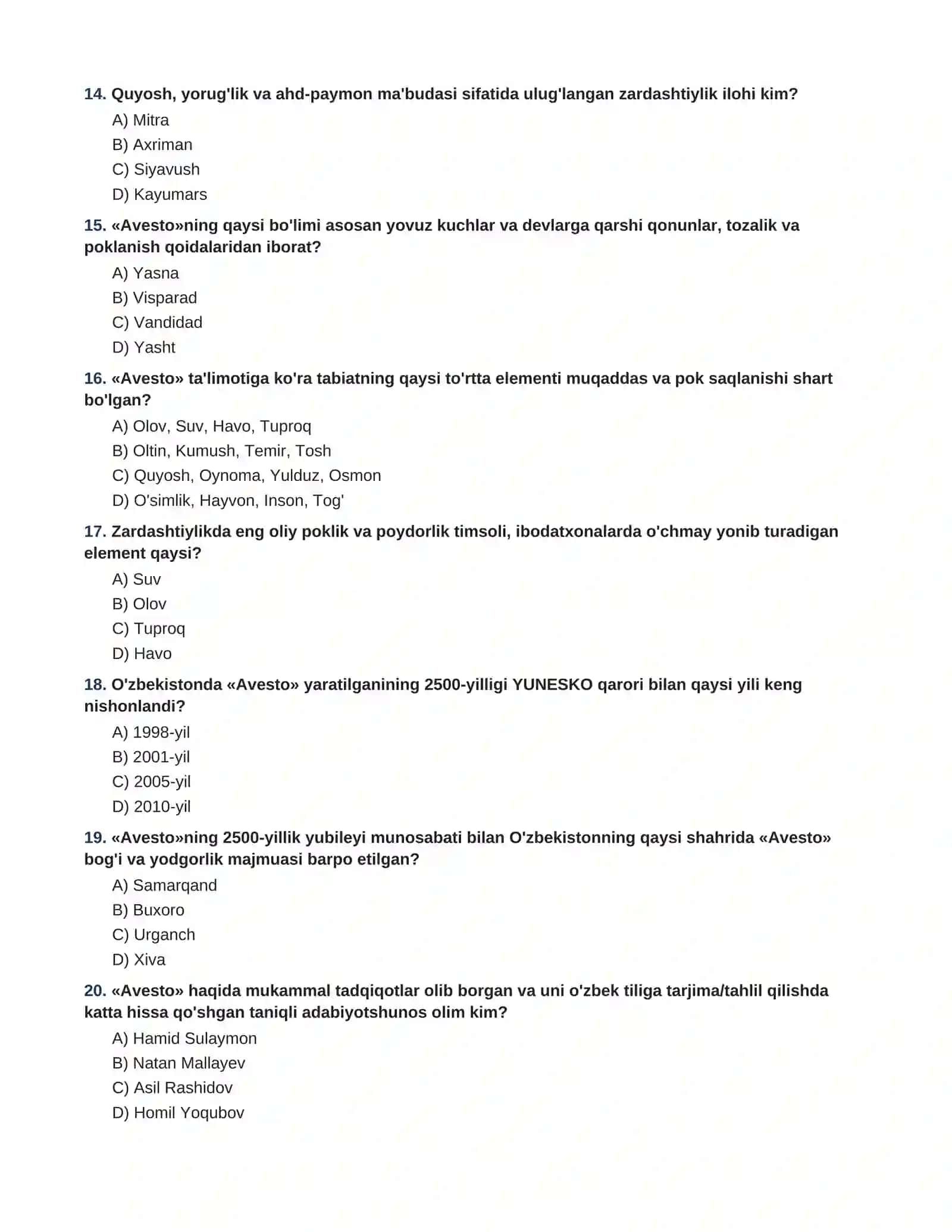 Avesto mavzusida 60 talik test savollari va javoblari(adabiyot darslilari asosida) 3